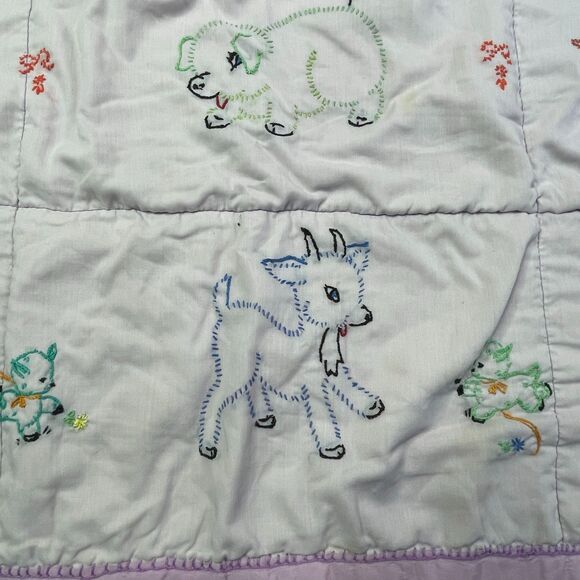 Vintage Baby Quilt Hand Embroidered Animals Pastel Crib Blanket Handmade 36x30 - Picture 5 of 16